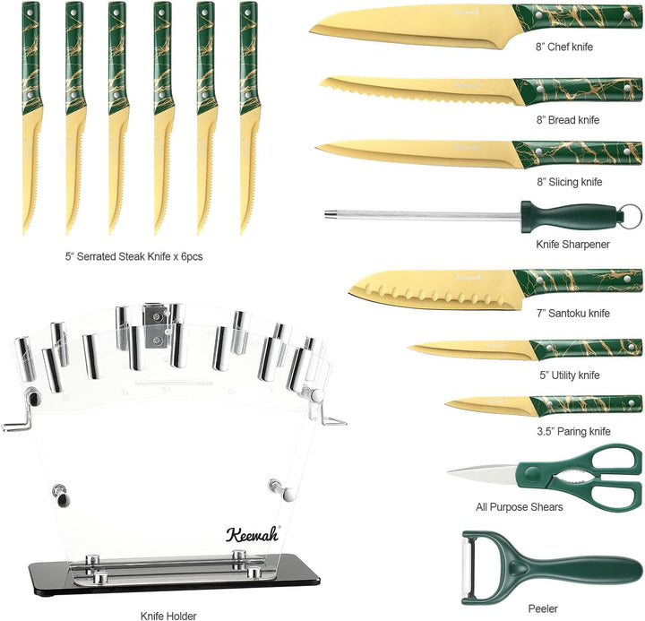 Knife Set, 16 Piece Kitchen Knives Set with Acrylic Stand, Gold+2
