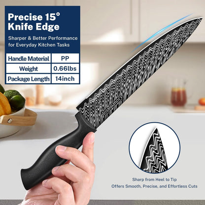 3PCS Kitchen Knife Set with Cover, Sharp Black Knives for Cooking | 8" Chef, 5" Utility, 3.5" Paring Knives, Food-Grade Nonstick Coating, Damascus Pattern, for Chopping, Slicing and Peeling2