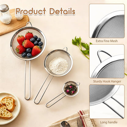 Fine Mesh Strainer Set of 3, Stainless Steel Sieve Sifters with Handle, Medium Small Mini Size, Kitchen Strainers Colander Set for Sifting, Straining & Cooking(2.2"/3.9"/5.5")2
