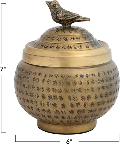 Round Hammered Metal Container with Bird Finial, Brass Finish2