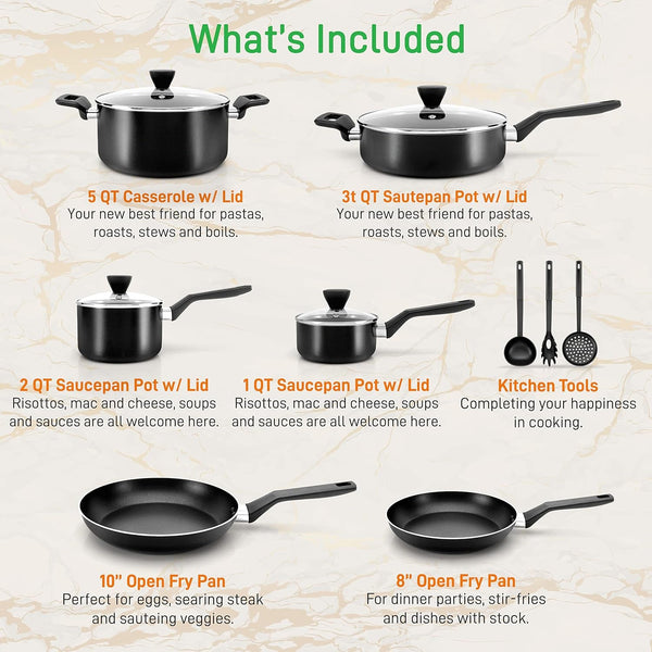 kitchen 13-Piece Nonstick Kitchen Cookware Set -PTFE/PFOA/PFOS Free Heat Resistant Kitchen Ware Pots Pan Set W/ Saucepan,Frying Pans,Cooking Pots,Casserole,Lids,Ladle,Fork,Strainer-Nccwa13.52
