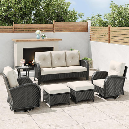 6 Pieces Outdoor Wicker Patio Swivel Rocking Chairs, All Weather Wicker Conversation Set with Side Table1