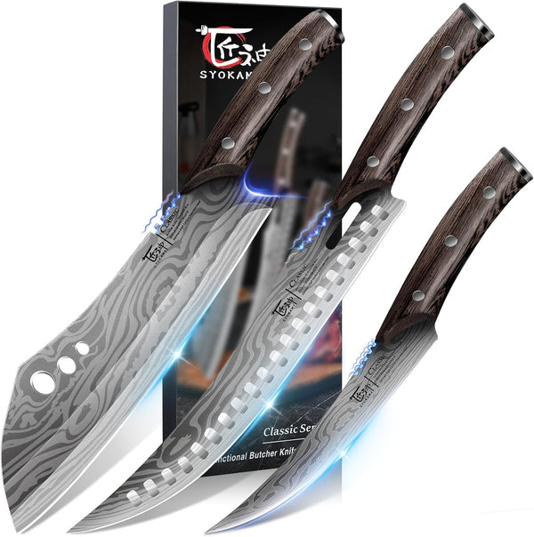 Butcher Knife Set, Cleaver, Breaking & Boning Knife for Meat & BBQ | Japanese Style High Carbon Steel Kitchen Knives Set for Brisket Slicing, Wenge Wood Full Tang Ergonomic Handle, Ideal Gift1
