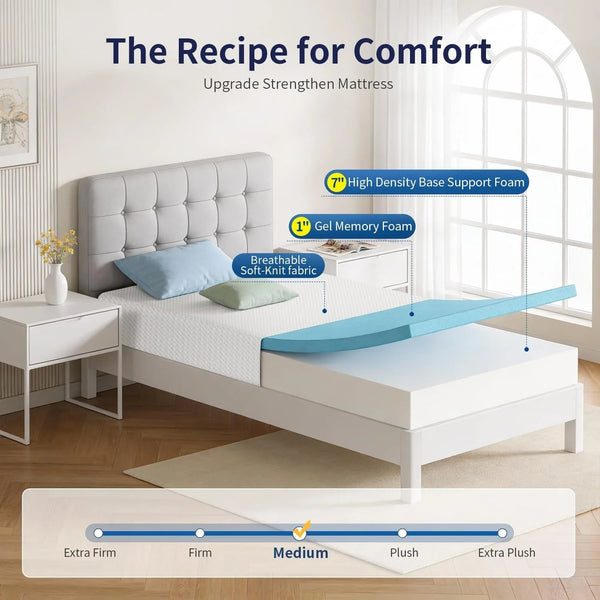 | 8 Inch Twin Mattress | Medium Firm | Gel Memory Foam | White | Dual Construction | Pressure Relief, Cooling Foam, Removable and Washable Cover | Bed in a Box, Certipur-Us Certified2