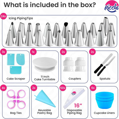 94 Pcs Cake Decorating Kit with Cake Turntable - Includes 50Pcs 16 Inch Disposable + 2 Reusable Piping Bags and Tips Set, 24 Icing Piping Tips, 2 Spatulas, 3 Icing Comb Scraper, 6 Cake Liners5