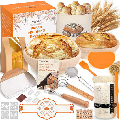 Sourdough Starter Kit with Bread Proofing Baskets, Jars, Baking Essentials | 9 in round & 10 in Oval Baskets Set, Sourdough Bread Baking Supplies, Sour Dough Beginner Kit Gifts for Bakers Women Wife Mom1