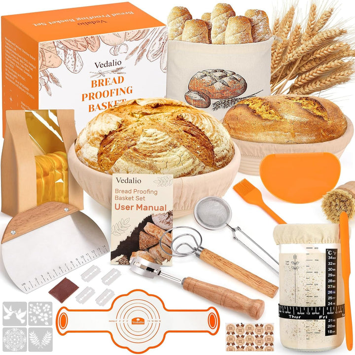 Sourdough Starter Kit with Bread Proofing Baskets, Jars, Baking Essentials | 9 in round & 10 in Oval Baskets Set, Sourdough Bread Baking Supplies, Sour Dough Beginner Kit Gifts for Bakers Women Wife Mom