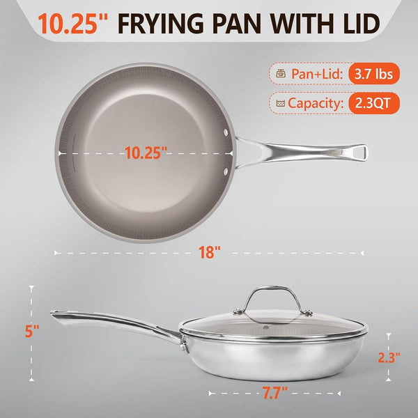 Titanium Frying Pan with Lid - 10.25" No Coating Pfas-Free Skillet, Tri-Ply Titanium & Stainless Steel, Induction & Dishwasher Safe6