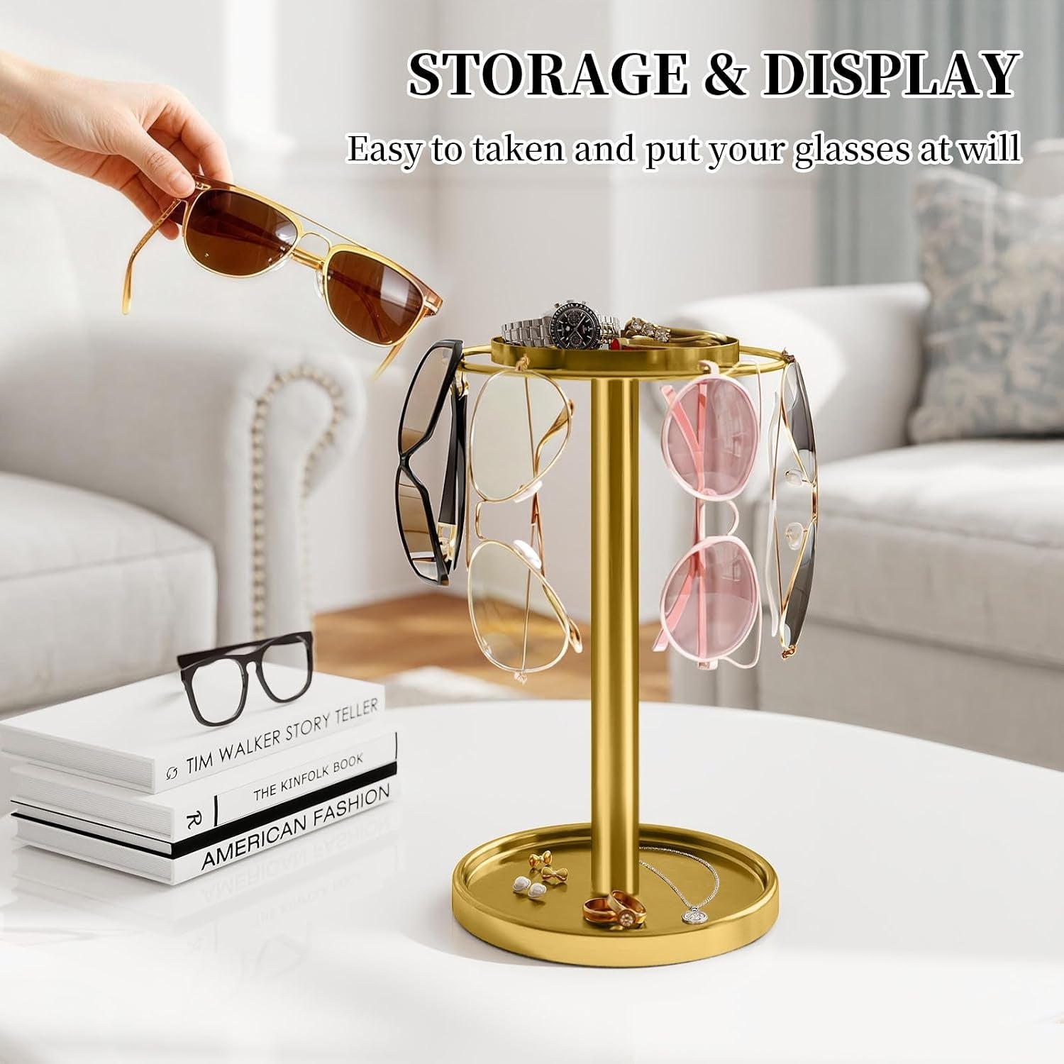 360-rotating-sunglasses-organizer-glasses-holder-with-organizer-tray-stainless-steel-eyeglasses-holder-with-storage-base-for-dresser-desk-table-nightstand-home-decor-gold