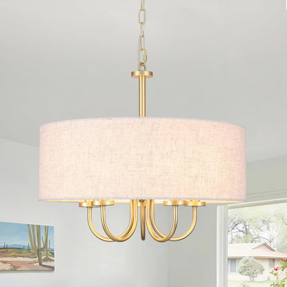 5 Lights Drum Chandelier Gold Farmhouse Chandelier with Shades 19" Large Pendant Light Fixtures Hanging Brass round Chandeliers for Bedroom Dining Room over Table Living Room Foyer Kitchen Island1
