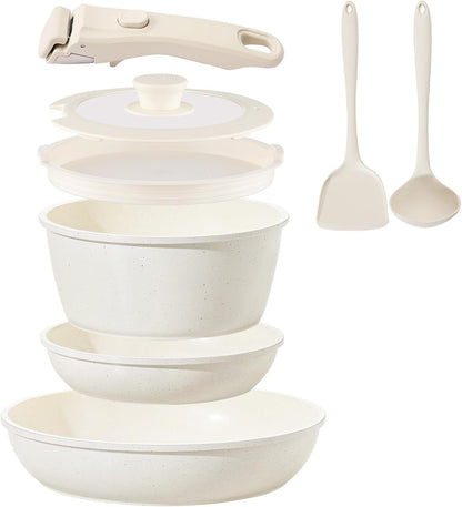 Ceramic Cookware Set Non Stick 8Pcs Pots and Pans Set Detachable Handle Induction Kitchen Cooking Set with Frying Pans Oven Dishwasher Safe, PFAS/PFOA Free, Cream White1