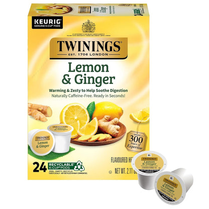 Lemon & Ginger Herbal Tea K-Cup Pods for Keurig, 24 Count (Pack of 1), Tangy & Spicy, Naturally Caffeine-Free, Enjoy Hot or Iced | Tangy & Spicy, Helps Soothe Digestion, Naturally Caffeine-Free, 24 Keurig Pods for Single Serve Brewers, Enjoy Hot or Iced1