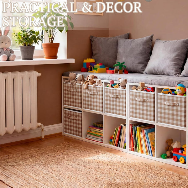 6 Pcs Beige Gingham Cube Storage Bins, 11 Inch Fabric Checkered Classroom Storage Bins Organizer with Handle Preppy Collapsible Cubby Basket for Classroom Home Nursery Playroom Bedroom5