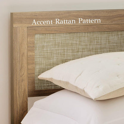 Full Bed Frame with Headboard Wood, Rattan Boho Bedframe with Wooden Slats Surpport, Easy Assembly Platform Bed, No Box Spring Needed, Natrual Walnut3