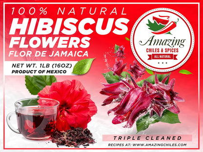 Hibiscus Flowers 1Lb (16Oz) – All Natural, Triple Cleaned - Whole Soft Flowers and Petals - Flor De Jamaica. Great for Hot or Iced Tea and Agua Fresca. by Amazing Chiles and Spices | Caffeine Free Tart Petals, Triple Cleaned. Brew Hot or Iced Hibiscus Tea, Sorrel & Cocktails. All Natural. Resealable Bag.9