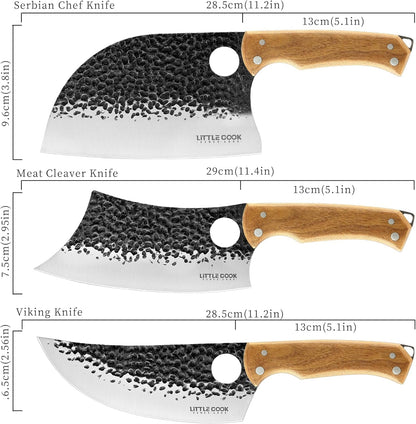 9PCS Butcher Knife Set, 7" Butcher Meat Cleaver, a 7" Serbian Chef Knife, a 6.5" Viking Knife, 3 Knife Sheath, Poultry Shears, Honing Steel and Knife Roll Bag (Unique Bull Pattern)2