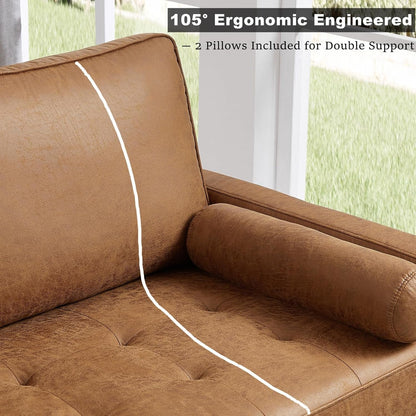 57" Loveseat Sofa Couch, Mid Century Modern Faux Leather Couch, Brown7