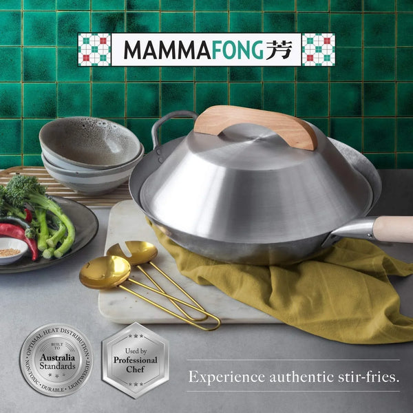 Flat Bottom Wok with Lid, Hand Hammered Carbon Steel Wok Set, 14"9
