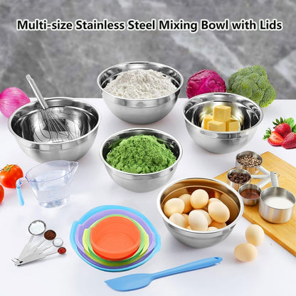 Mixing Bowls Set, 22PCS Large Stainless Steel Mixing Bowl with Lids Set, Large Nesting Bowls 7/6/4.5/3.5/2.5QT, Measuring Cups and Spoons Baking Storage Metal Bowl for Kitchen Prep Supplies2