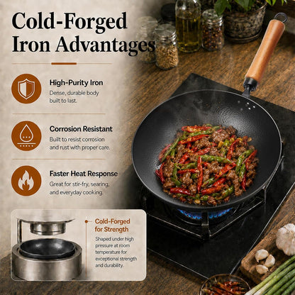 11" round Bottom Carbon Steel Wok with Glass Lid, Traditional Chinese Stir Fry Pan for Gas Stove & Wok Ring, 3.2 QT Small Wok for 1–3 People, Uncoated, Wood Handle, Seasoning Required3