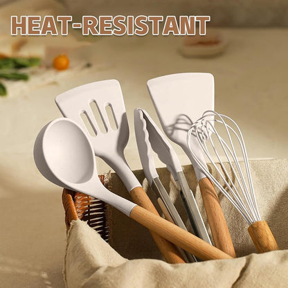 Kitchen Cooking Utensils Set, 33 Pcs Non-Stick Silicone Cooking Kitchen Utensils Spatula Set with Holder, Wooden Handle Silicone Kitchen Gadgets Utensil Set (Khaki)6