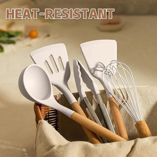 Kitchen Cooking Utensils Set, 33 Pcs Non-Stick Silicone Cooking Kitchen Utensils Spatula Set with Holder, Wooden Handle Silicone Kitchen Gadgets Utensil Set (Khaki)6