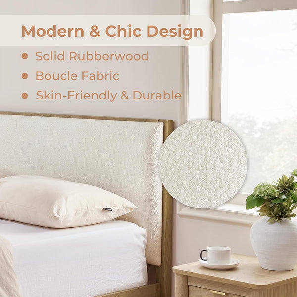 CHITA Queen Size Platform Bed Frame, with Boucle Upholstered Headboard, Oak4