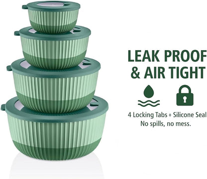 Plastic Mixing Bowls with Lids, 8-Piece Airtight Leak-Proof Nesting Bpa-Free Prep Bowl Set for Kitchen & Food Storage, 500Ml, 1300Ml, 2600Ml & 4200Ml, Microwave & Dishwasher Safe (Green)6