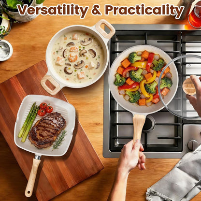 27PCS Nonstick Ceramic Pots and Pans Cookware Set with Gloves, Apron, Silicone Tools,Ivory9