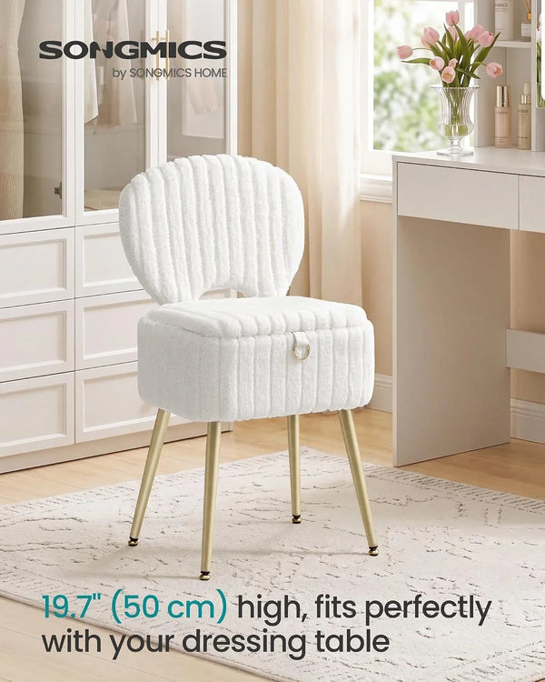 SONGMICS Vanity Chair, Makeup Stool with Folding Backrest | Plush Padded Dressing Table Stool, 17.1 X 13 X 32.1 Inch, for Bedroom, Dressing Room, Black, GLAMOR Collection ULOM532WD013