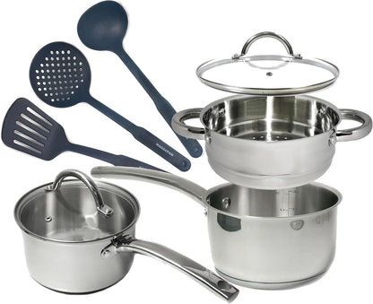 Stainless Steel Saucepan Glass Lid Casting Steel Handle Induction Impact Bonded 8 PCS Set Steamer7
