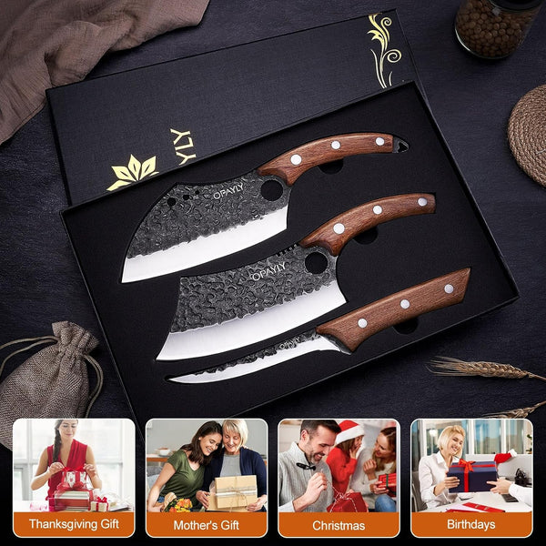 3PCS Hand Forged Butcher Knife Set Meat Cleavers, Serbian Chef Knife Viking Boning Knife High Carbon Steel Kitchen Knife for Meat Cutting, Outdoor BBQ Vegetable Camping, Gift for Men2