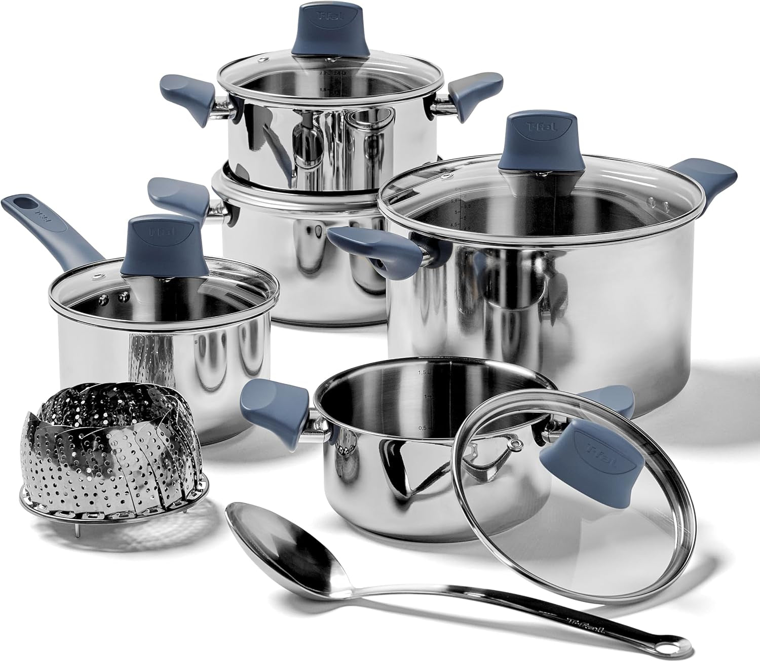 essentials-stainless-steel-cookware-set-12-piece-induction-compatible-oven-safe-350f-cooking-set-w-stewpots-stockpot-saucepan-lids-tools-measuring-marks-dishwasher-safe-silver-blue