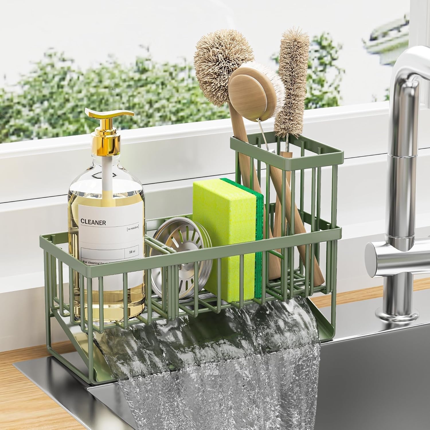 kitchen-sink-caddy-sponge-holder-for-kitchen-sink-kitchen-sink-organzier-and-storage-with-high-brush-holder-304-stainless-gadgets-sink-accessories-organizadores-de-cocina-sage-green