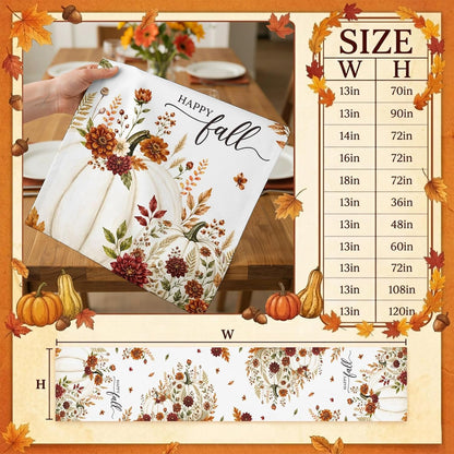 White Pumpkins Fall Table Runner 72 Inches Long, Thanksgiving Kitchen Dining Table Decoration, Autumn Floral Botanical Coffee Tablerunner Dress Scarves Farmhouse Décor for Party, Holiday, 13 X 727