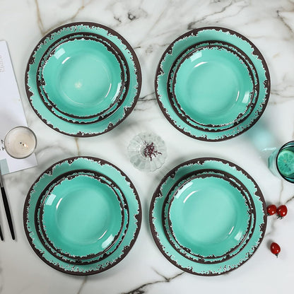 Rustic Melamine Dinnerware Set,12Pcs Plates and Bowls Sets-Green3