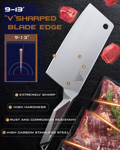 7" Meat Cleaver Knife, Full Tang High-Carbon Stainless Steel Kitchen Cleaver for Chopping Meat, Pork, and Bones, Ergonomic Metal Handle, Professional Chef Butcher Knife2