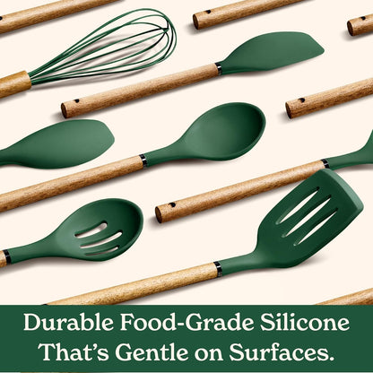 Non Stick Silicone Utensil Set with Rounded Wood Handles for Cooking and Baking, 8 Piece Set, Green4