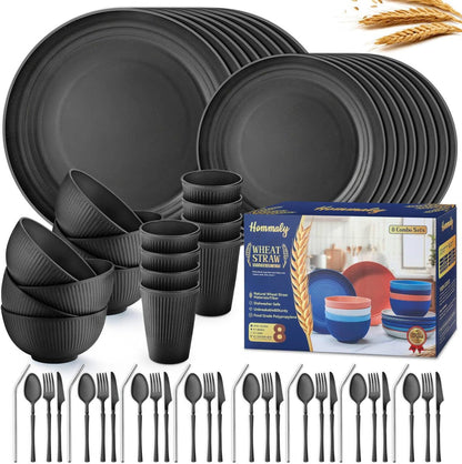 Wheat Straw Dinnerware Sets,64-Piece Black Plates and Bowls Sets for 8-Unbreakable,Reusable Plastic Dish Set-Dinner Plate/Dessert Plate/Cereal Bowl/Cup/Utensils-Microwavable Dishwasher Safe 64P-BLACK1