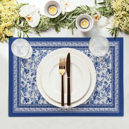 Blue Floral Branches Placemats Set of 4 ，12 X 18 Inch Chinoiserie Table Mats Washable Heat Resistant Linen Fabric Rectangle Place Mat for Indoor Outdoor Kitchen Dining Home Decor3