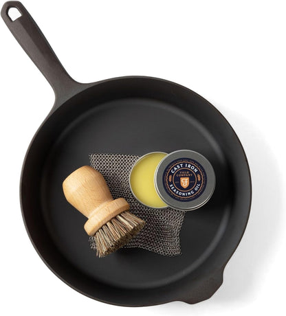 Field Cast Iron Starter Set -10.25 Inch Cast Iron Skillet with Cleaning Kit: Natural Fiber Brush, Chain Mail Scrubber & Organic Seasoning Oil – Lightweight, Preseasoned, Made in USA, Vintage Design1