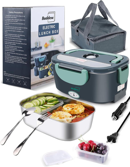Electric Heated Lunch Box, 100W Fast Heating, 1.5L Food-Grade 304 Stainless Steel, 12V/24V/110V Portable Food Warmer for Car Truck Office Adults, Lonchera Electrica Portatil (Green)1