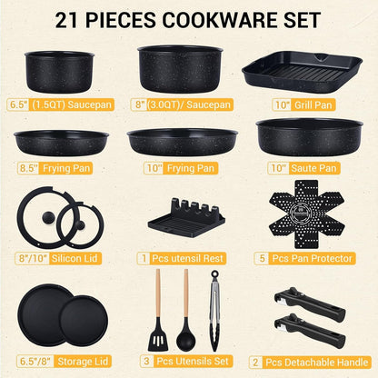 21 Pcs Pots and Pans Set Non Stick with Detachable Handle & Grill Pan, Induction Ceramic Cookware Set, Non Toxic Kitchen Pots and Pans Set for Rvs,Camping, Oven/Dishwasher Safe, Black2