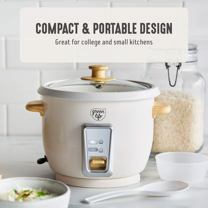 Rice Cooker with Removable Pfas-Free Ceramic Nonstick Pot, 3-Cups Uncooked/6-Cups Cooked, Grains & Oatmeal Multicooker, Compact One-Switch Design, Auto Keep Warm, Easy Clean, Cream9