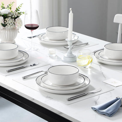 Plates and Bowls Sets, 12 Pieces Modern Porcelain Dinnerware Set for 4 White Kitchen Dinner Dining Ware Set Wtih Black Rim Ceramic Dishware Dishes Microwave and Dishwasher Safe, Series LUNA5