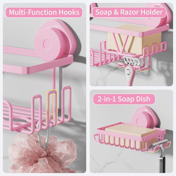 Suction Cup Shower Caddy 3 Pack, Bathroom Storage Shelf, Pink5