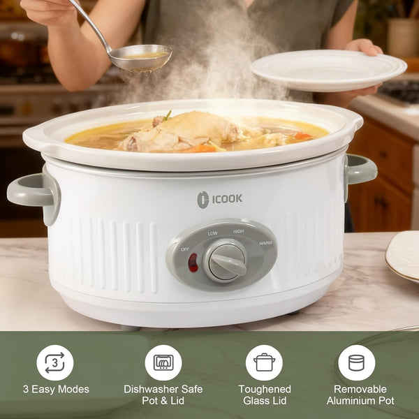 3.5 Quart Slow Cooker with 3 Heat Settings, Non-Stick and Dishwasher Safe, Removable Ceramic Pot Tempered Glass Lid, Cool Touch Handles for Entrees, Soups, Stews, Ivory White4