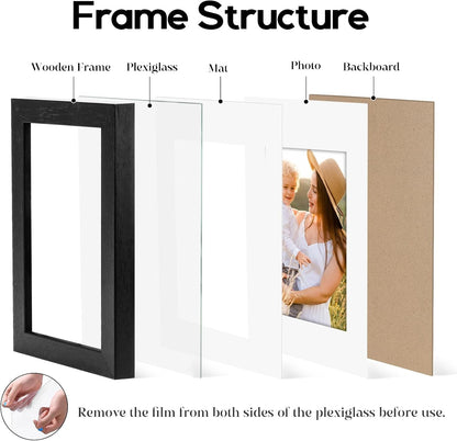 8X10 Picture Frame Set of 6 with Shatter-Resistant HD Plexiglass - Use as 5X7 Frame with Mat or Display 8X10 Photo without Mat - Thin Border Picture Frames for Tabletop Display Black5