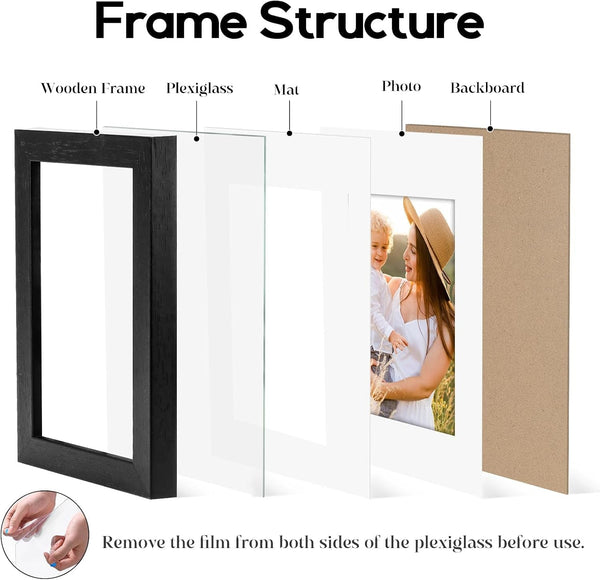 8X10 Picture Frame Set of 6 with Shatter-Resistant HD Plexiglass - Use as 5X7 Frame with Mat or Display 8X10 Photo without Mat - Thin Border Picture Frames for Tabletop Display Black5