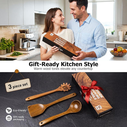 Wooden Spoons for Cooking, 3-Piece Acacia Wood Kitchen Utensil Set, Nonstick Safe Wooden Spoons, Smooth Heat-Friendly Cooking Utensils for Everyday Meals(A03)9